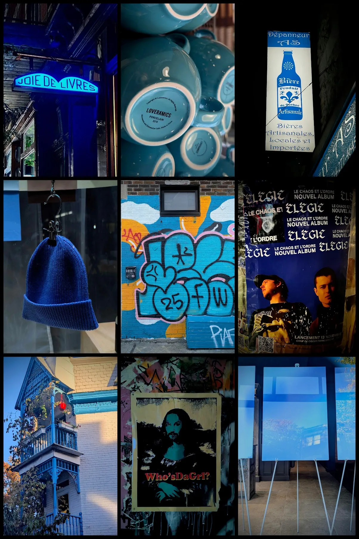 A grid of blue things photographed around Montreal
