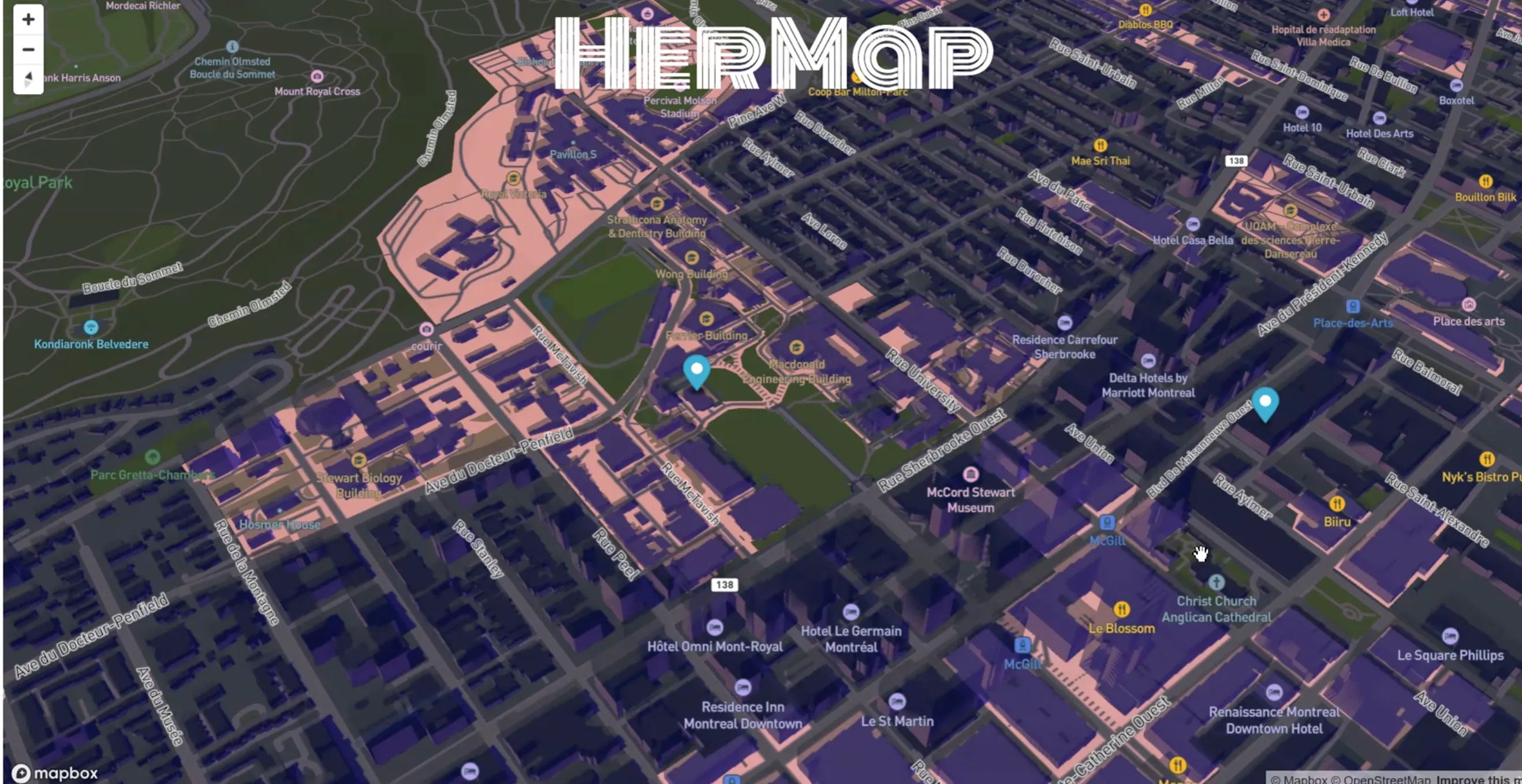 The HerMap interface showing pinned locations across a city map