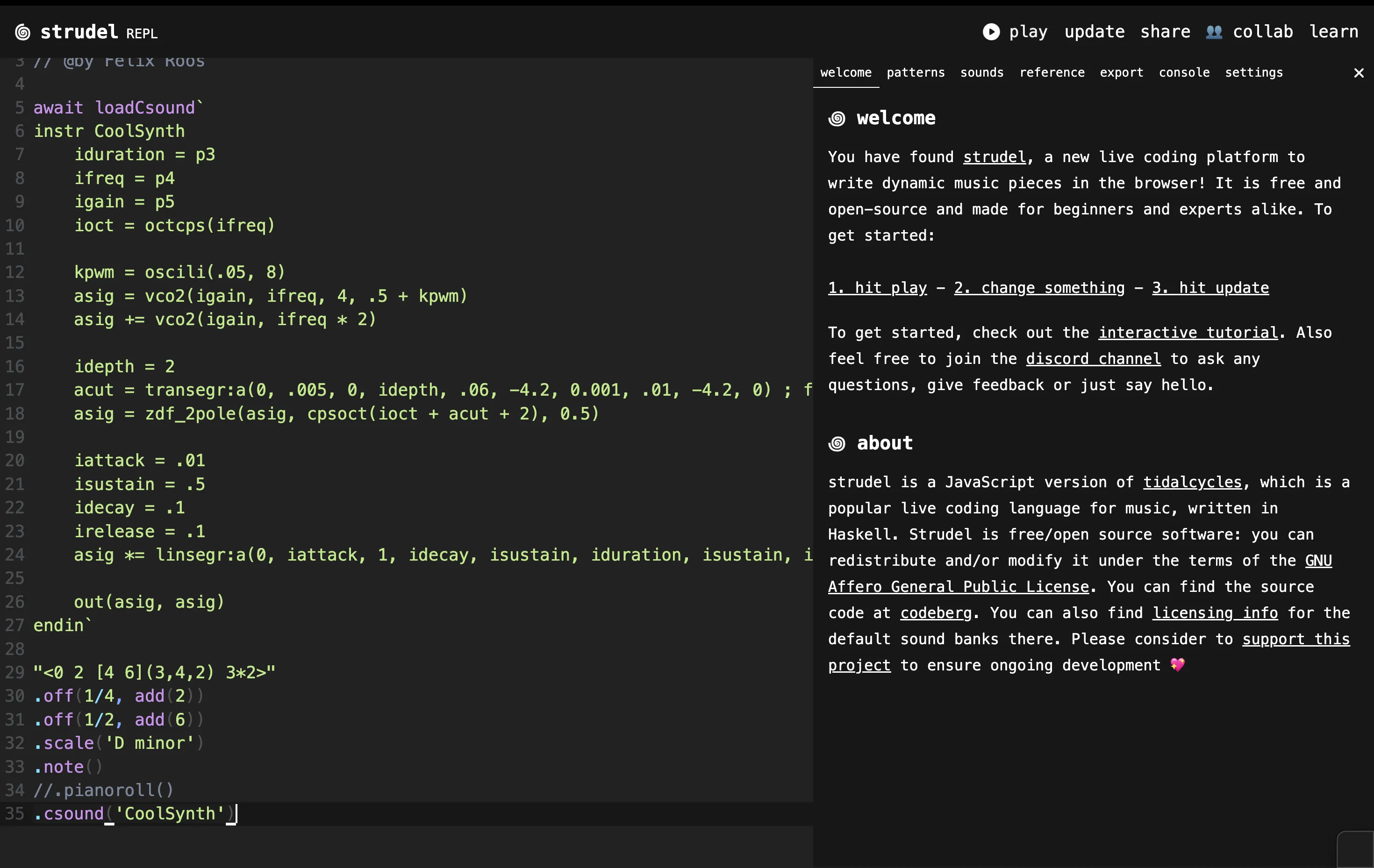 The strudel live-coding editor with a pattern in progress